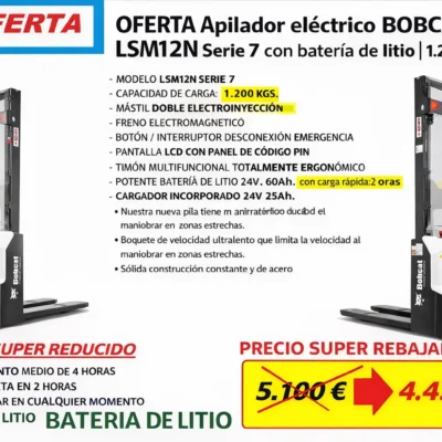 OFERTA Apilador eléctrico BOBCAT LSM12N Serie 7 con batería de litio | 1.200 kg | 3.600 mm