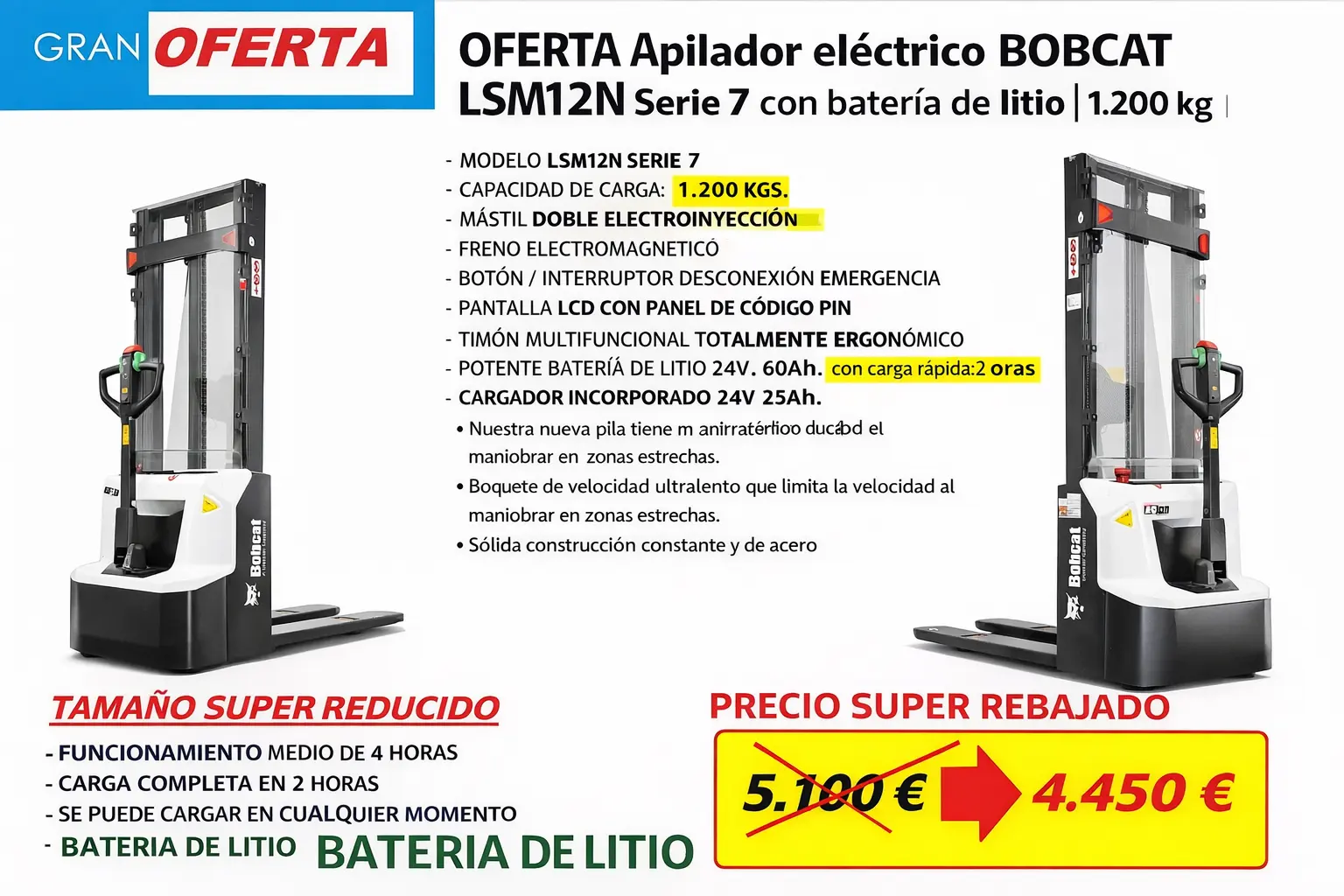 OFERTA Apilador eléctrico BOBCAT LSM12N Serie 7 con batería de litio | 1.200 kg | 3.600 mm