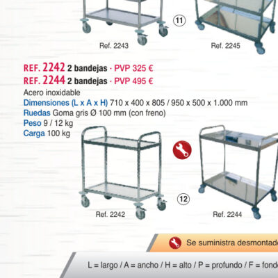 Carro 2 bandejas inox. 950 x 590 mm soldado - Novodinámica Ref. 2244