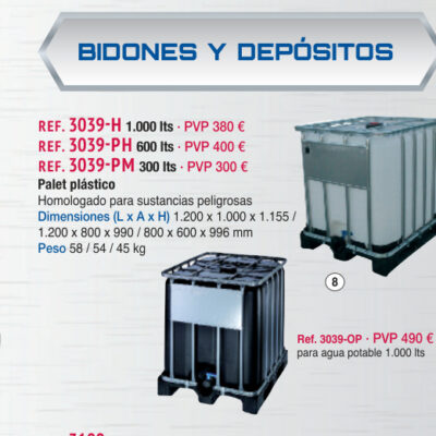 Depósito plástico 1.000 lts homol. Palet plástico - Novodinámica Ref. 3039-H