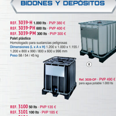 Depósito plástico 300 lts homol. Palet plástico - Novodinámica Ref. 3039-PM