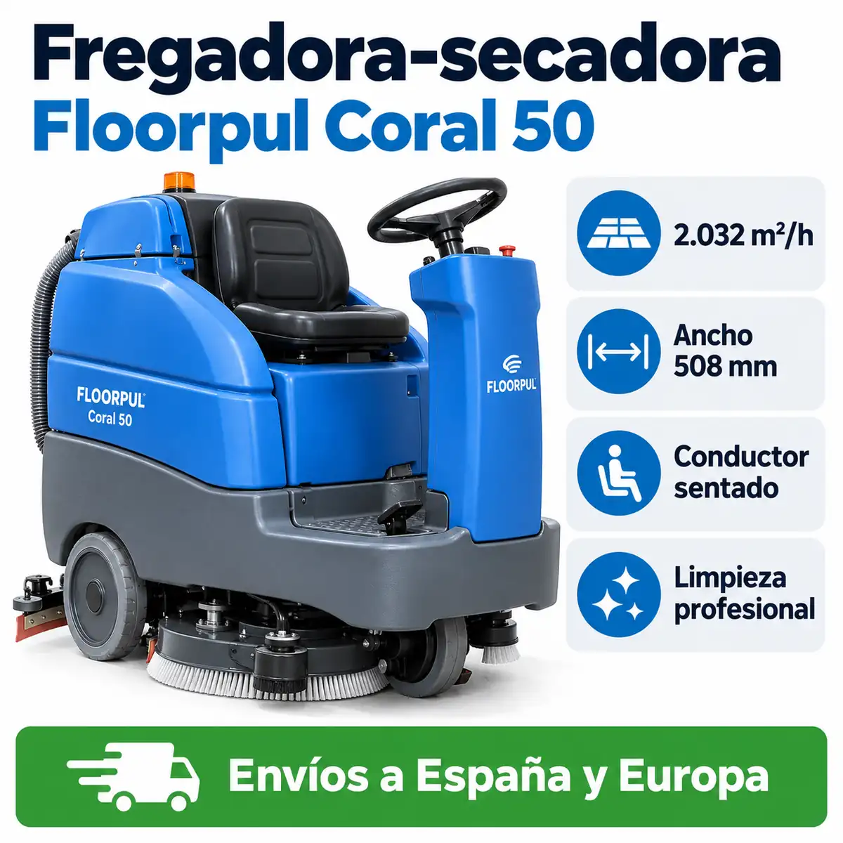 Imagen comercial Floorpul Coral 50 Fregadora secadora Floorpul Coral 50 de 508 mm y 2032 m²/h con conductor sentado