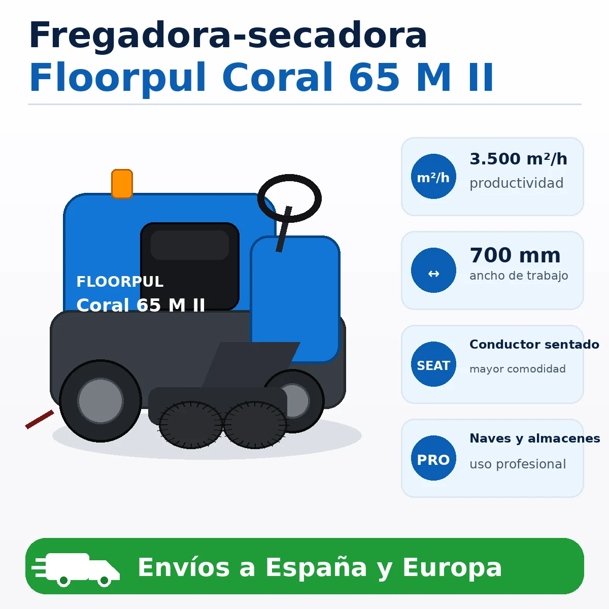 Imagen comercial Floorpul Coral 65 M II Fregadora secadora Floorpul Coral 65 M II con conductor sentado, 700 mm de ancho y productividad de 3500 m²/h