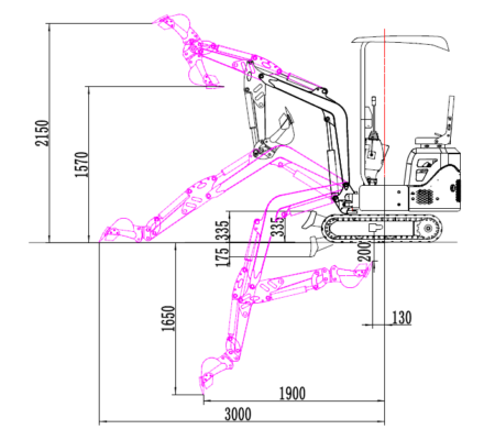 HZC Power DKB941 - cotas de excavación HZC Power DKB941 - esquema técnico de profundidad, descarga y alcance de excavación
