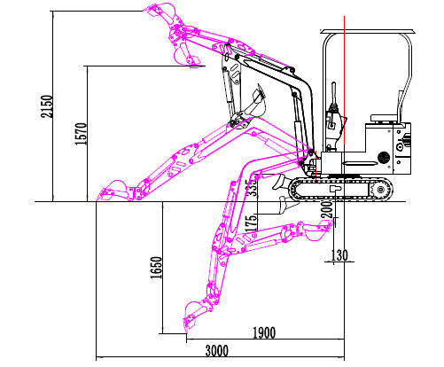 HZC Power EBKB810K - esquema de alcance de trabajo Miniexcavadora HZC Power EBKB810K - esquema técnico de alcance de trabajo