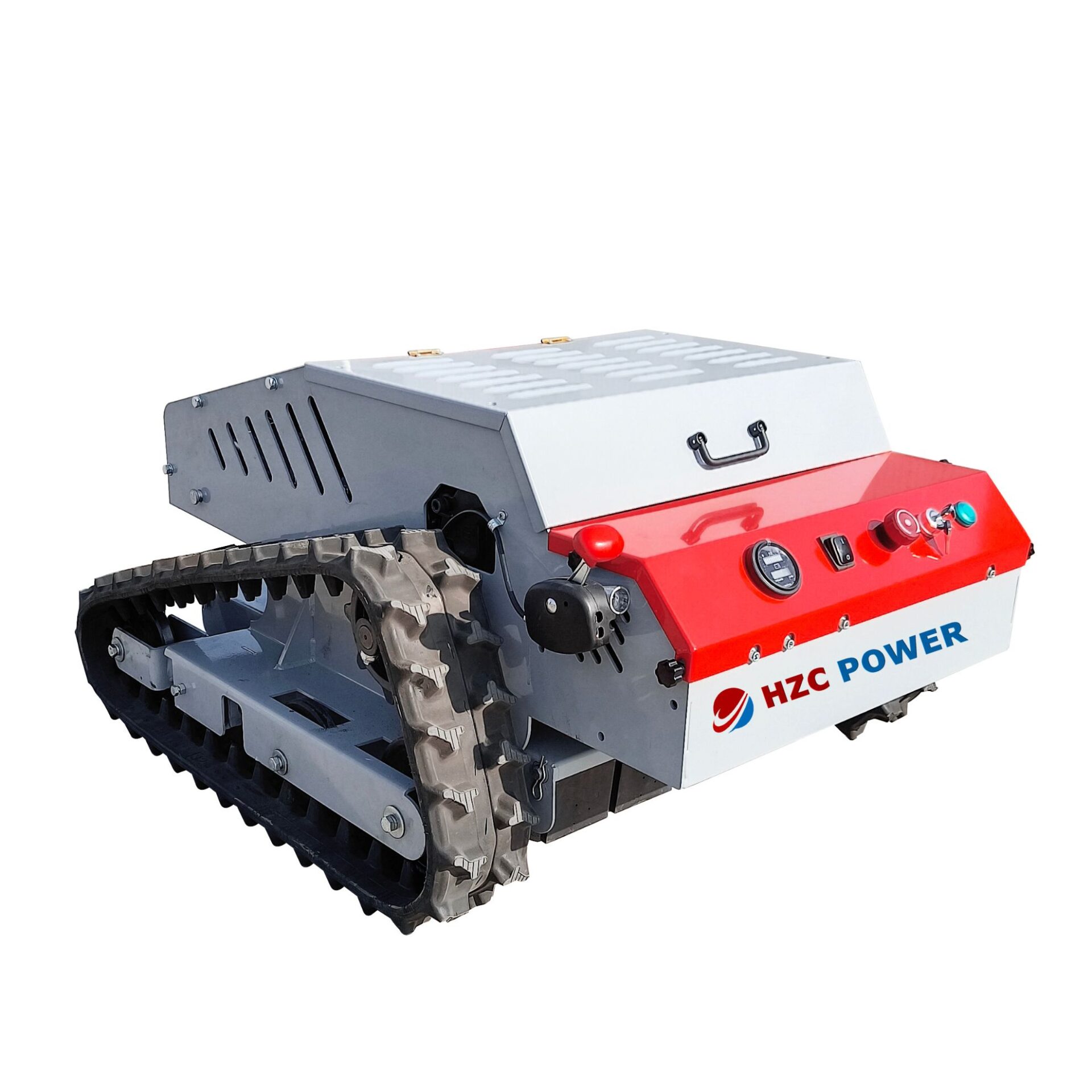 HZC Power FM54 - vista lateral trasera HZC Power FM54 - vista lateral trasera con orugas y mandos de la segadora