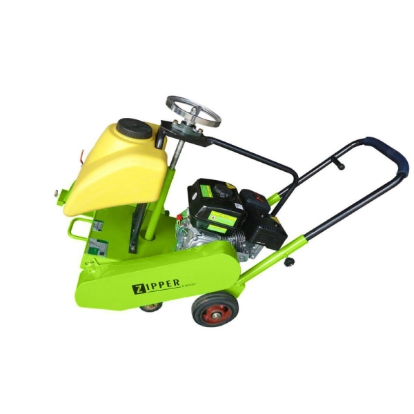 ZIPPER ZI-BES350Y vista lateral trasera Cortadora de suelo ZIPPER ZI-BES350Y vista lateral trasera con motor, depósito y manillar