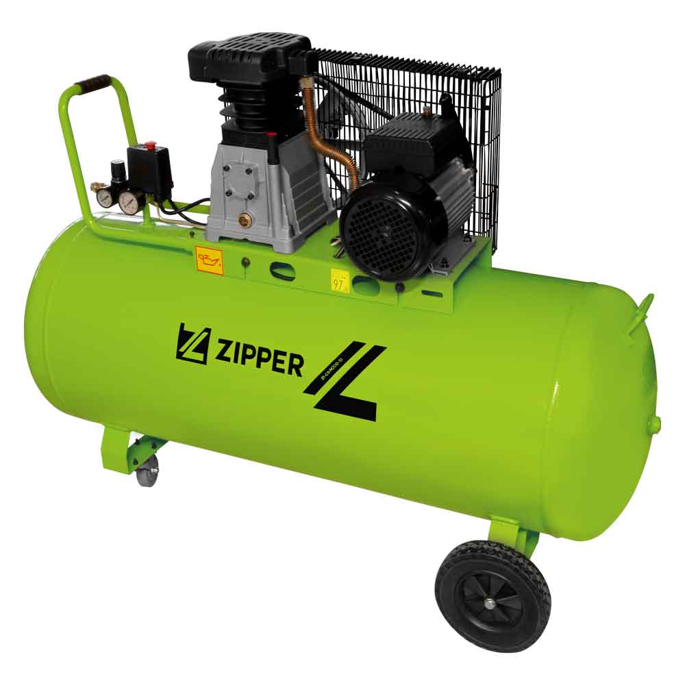 ZIPPER ZI-COM200-10 vista lateral Compresor ZIPPER ZI-COM200-10 de 200 litros vista lateral con motor y manómetros