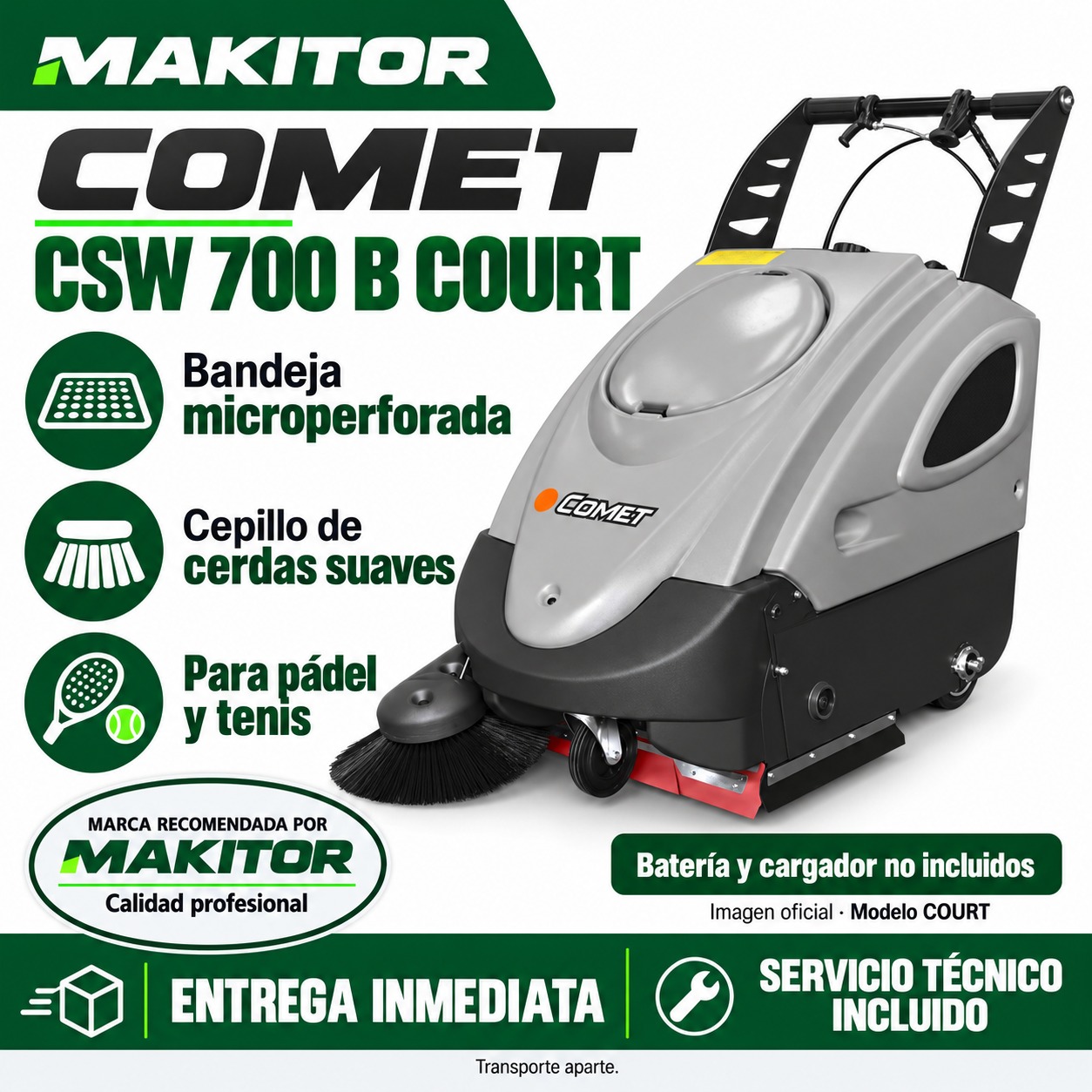 Comet CSW 700 B COURT · promoción Makitor Composición promocional ilustrativa de Comet CSW 700 B COURT, máquina sin batería ni cargador; fotografía de serie y ventajas del modelo.