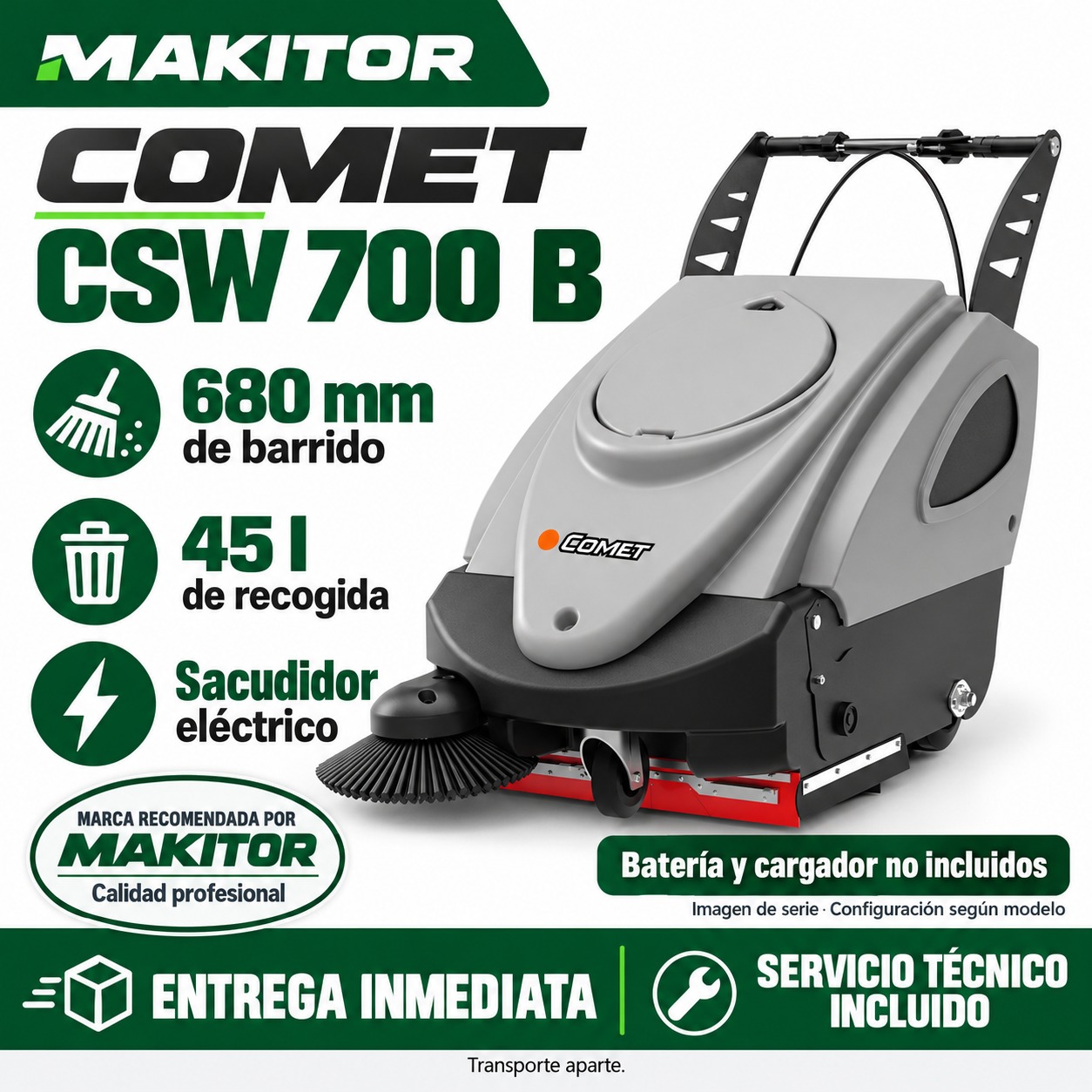 Comet CSW 700 B · promoción Makitor Composición promocional ilustrativa de Comet CSW 700 B, máquina sin batería ni cargador; fotografía de serie y ventajas del modelo.