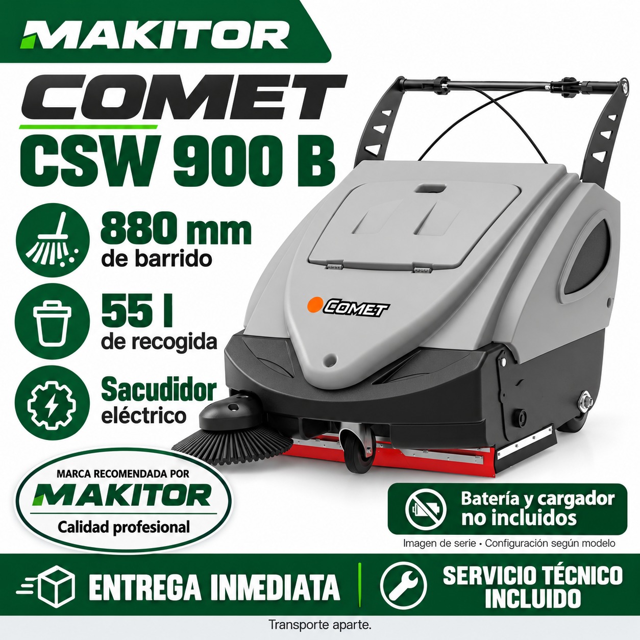 Comet CSW 900 B · promoción Makitor Composición promocional ilustrativa de Comet CSW 900 B, máquina sin batería ni cargador; fotografía de serie y ventajas del modelo.