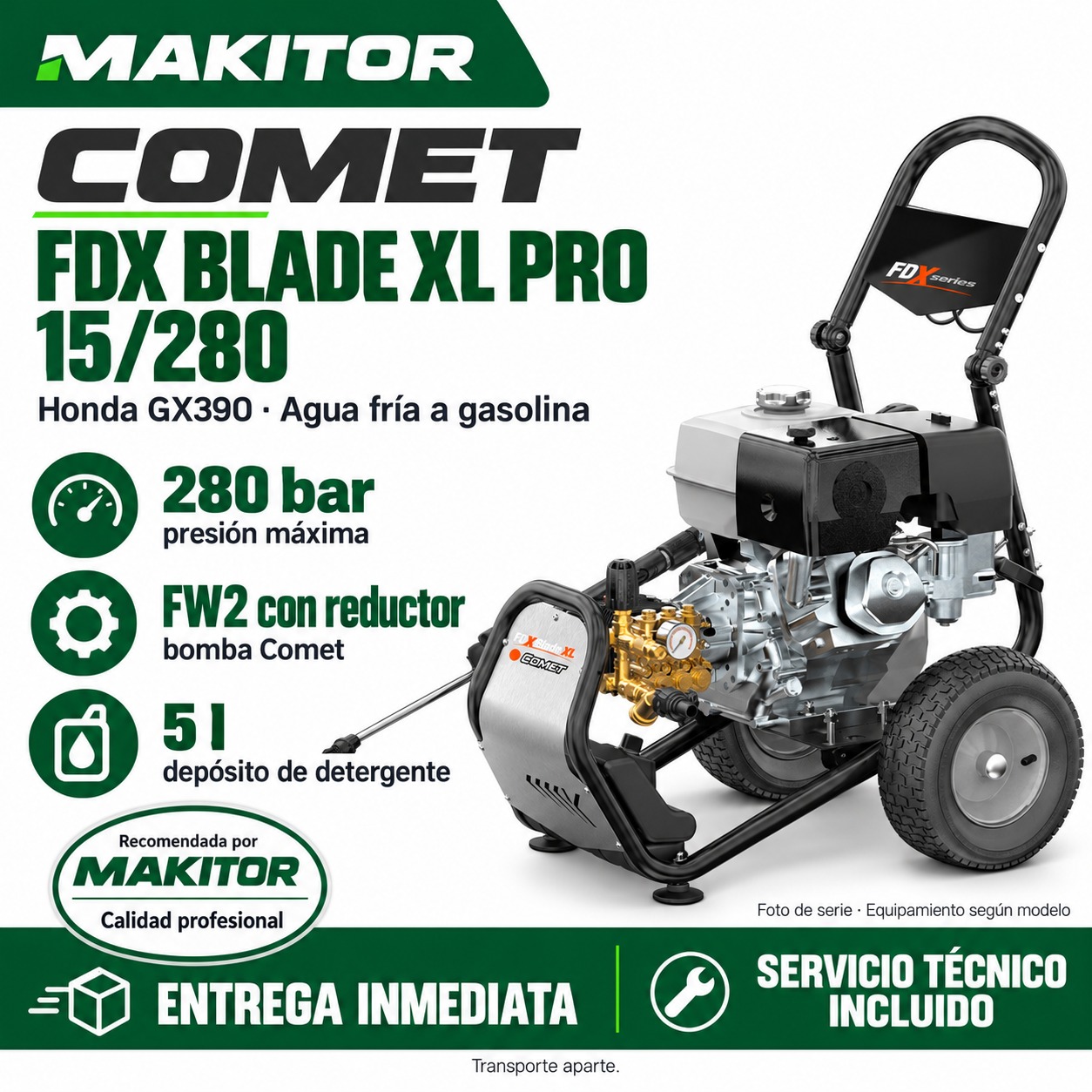 Comet FDX Blade XL PRO 13.15 15/280 G Honda GX390 · promoción Makitor Composición promocional ilustrativa de Comet FDX Blade XL PRO 13.15 15/280 G Honda GX390; fotografía de serie y ventajas del modelo.