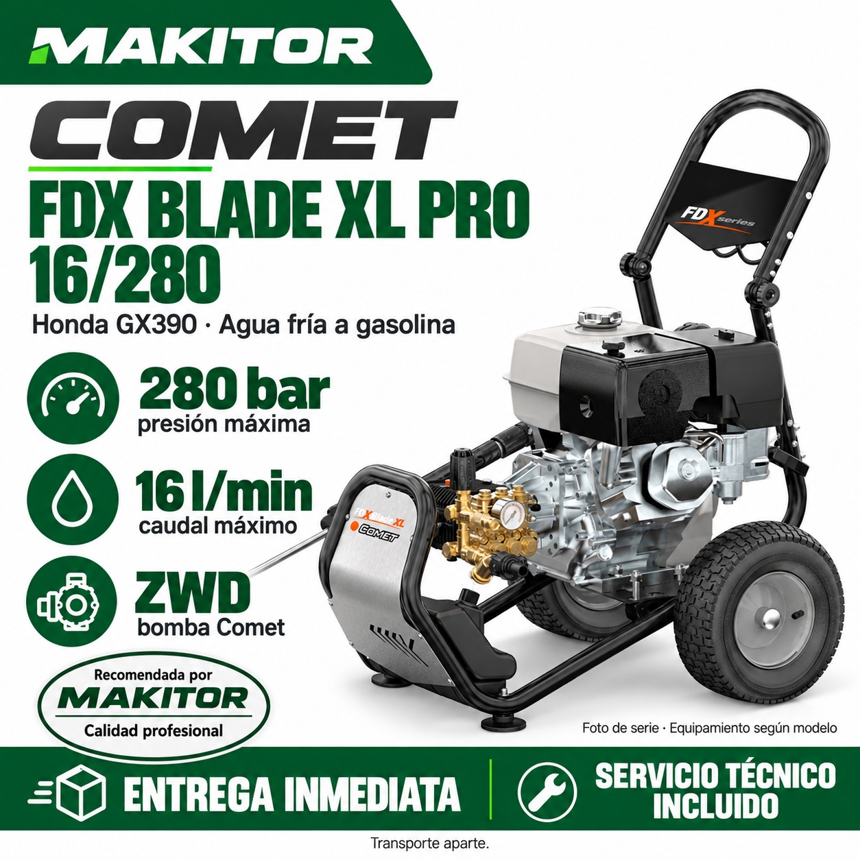 Comet FDX Blade XL PRO 16/280 Honda GX390 · promoción Makitor Composición promocional ilustrativa de Comet FDX Blade XL PRO 16/280 Honda GX390: 280 bar de presión máxima, caudal hasta 16 l/min y bomba ZWD; fotografía de serie.
