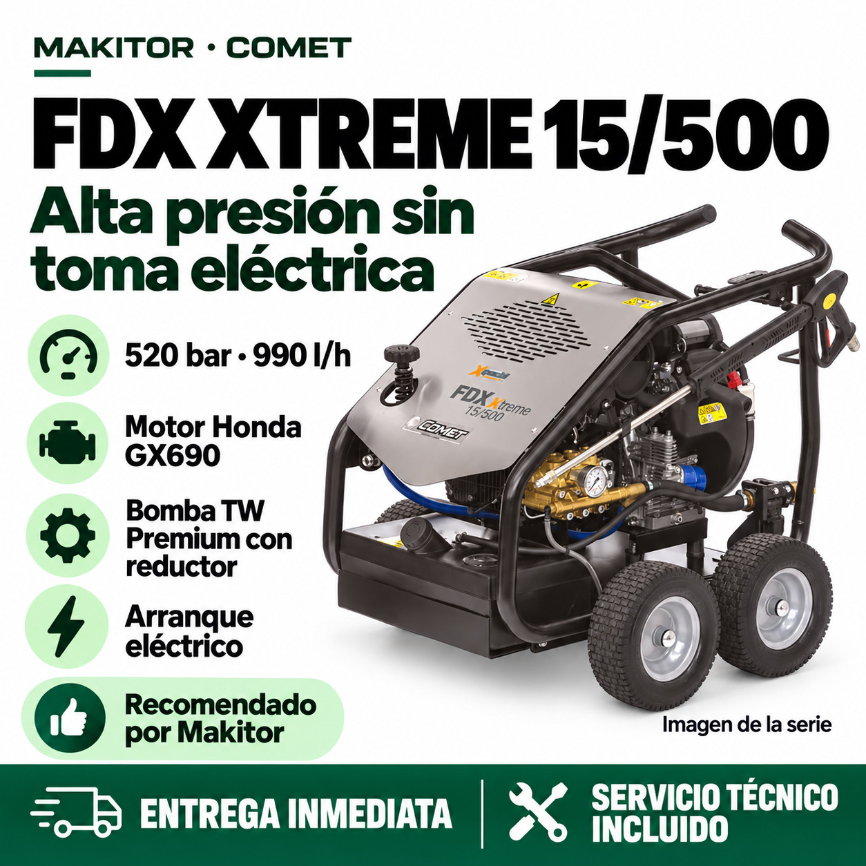 Comet FDX Xtreme 15/500 Honda GX690 · promoción Makitor Composición promocional ilustrativa Comet FDX Xtreme 15/500 Honda GX690: cualidades profesionales, entrega inmediata y servicio técnico incluido. Imagen de la serie.