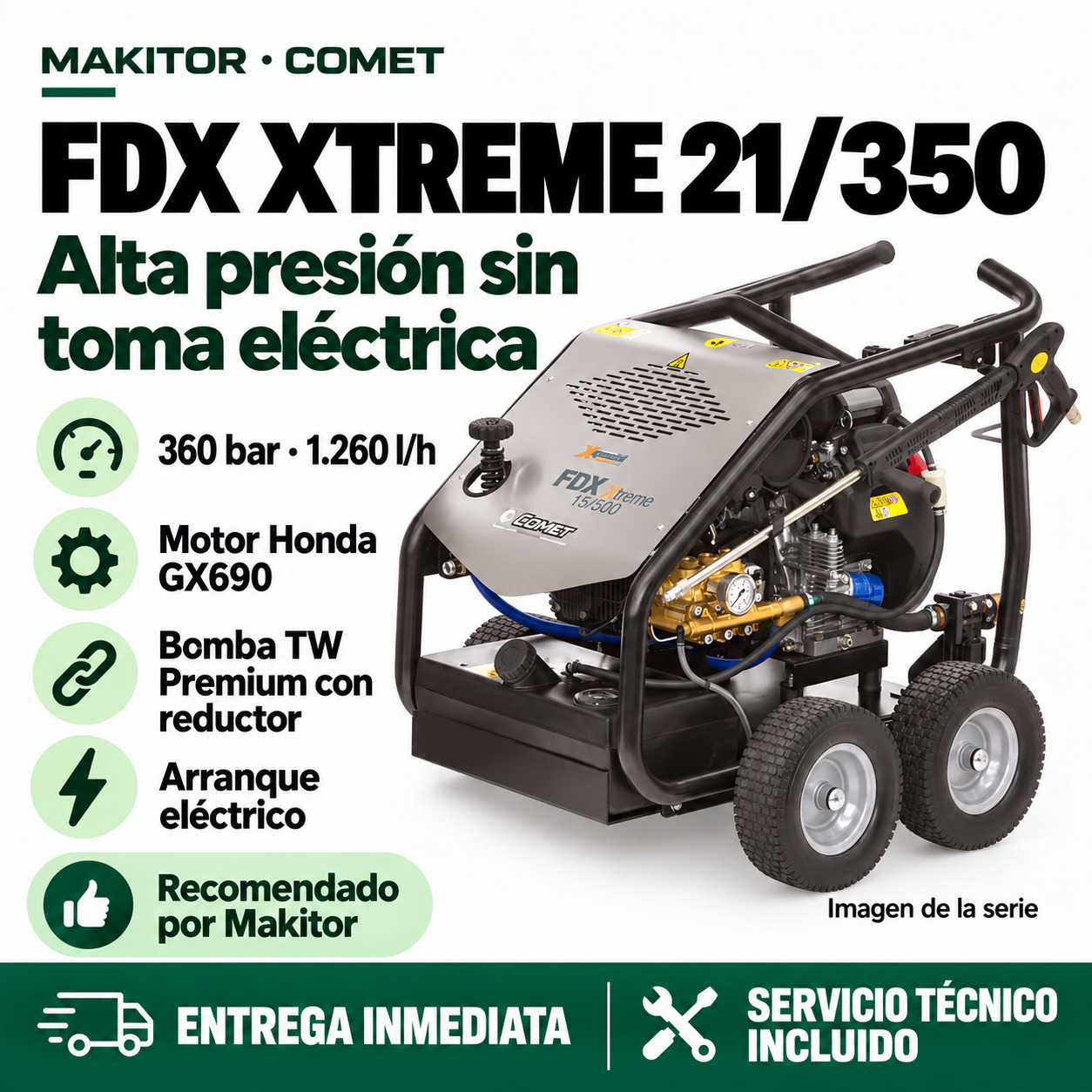 Comet FDX Xtreme 21/350 Honda GX690 · promoción Makitor Composición promocional ilustrativa Comet FDX Xtreme 21/350 Honda GX690: cualidades profesionales, entrega inmediata y servicio técnico incluido. Imagen de la serie.