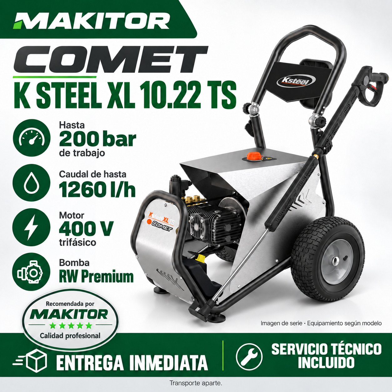 Comet K Steel XL 10.22 TS · promoción Makitor Composición promocional de Comet K Steel XL 10.22 TS: hasta 200 bar de trabajo, 1260 l/h y motor trifásico de 400 V; imagen de serie, equipamiento según modelo.
