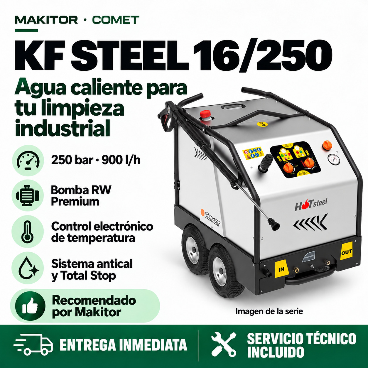 Comet KF Steel 10.16 16/250 · Promoción Makitor Composición promocional ilustrativa Comet KF Steel 10.16 16/250: cualidades profesionales, entrega inmediata y servicio técnico incluido.