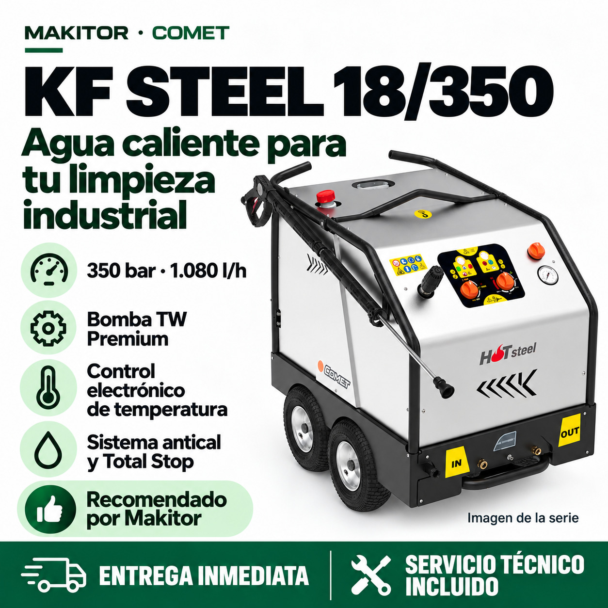 Comet KF Steel 15.18 18/350 · Promoción Makitor Composición promocional ilustrativa Comet KF Steel 15.18 18/350: cualidades profesionales, entrega inmediata y servicio técnico incluido.