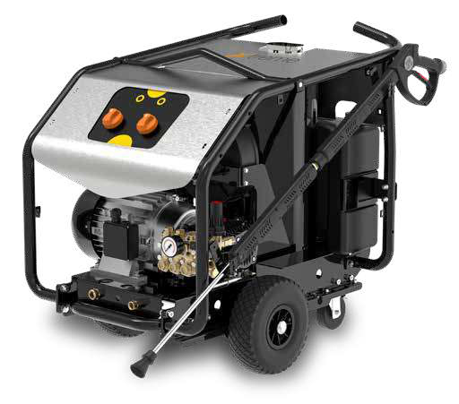 Fotografía oficial de la serie de hidrolimpiadoras de agua caliente Comet KM Xtreme; equipamiento según modelo.