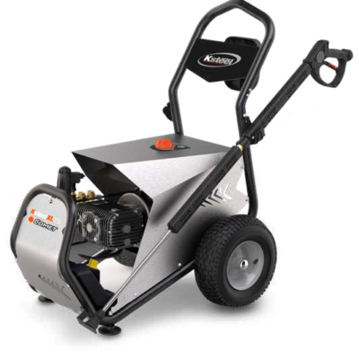 Hidrolimpiadora Comet de la serie K Steel XL TS, con cubierta de acero inoxidable y ruedas.