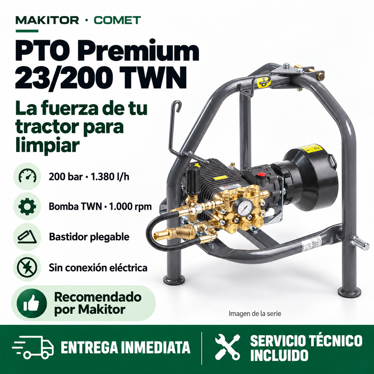 Comet PTO Premium 23/200 TWN con bastidor · Ventajas y servicio Makitor Comet PTO Premium 23/200 TWN con bastidor: ventajas del modelo, entrega inmediata y servicio técnico incluido en Makitor.